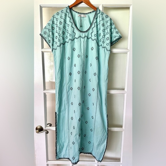 Zara Aqua Teal Embroidered Kaftan Dress with Dark Edging Size Medium - Picture 9 of 9